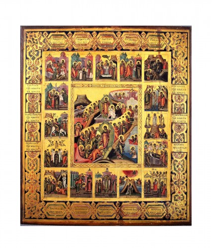 The Great Feasts and Scenes from the Gospels and the Old Testament -Russian icon early 19th century